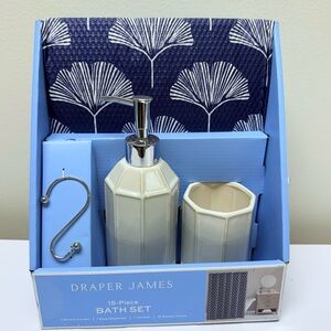 NIB Draper James 15-Piece Bath Set, Blue Shower Curtain, Soap Dispenser, Tumbler